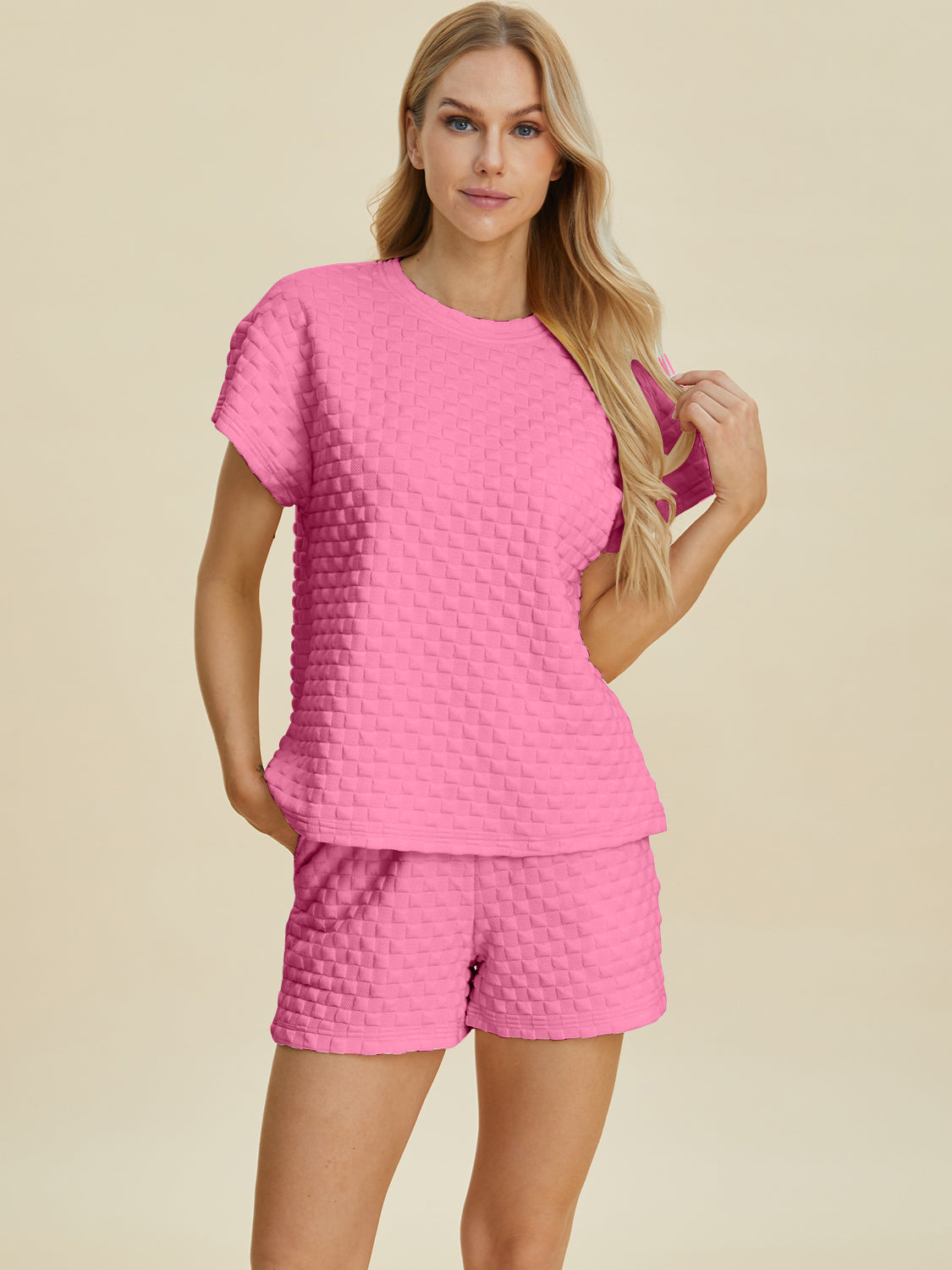 Double Take Texture T-Shirt and Shorts Set