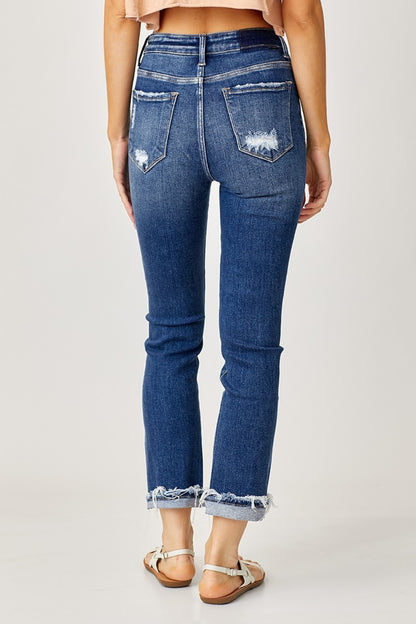 Risen High-Rise Frayed Cuffed Straight Jeans