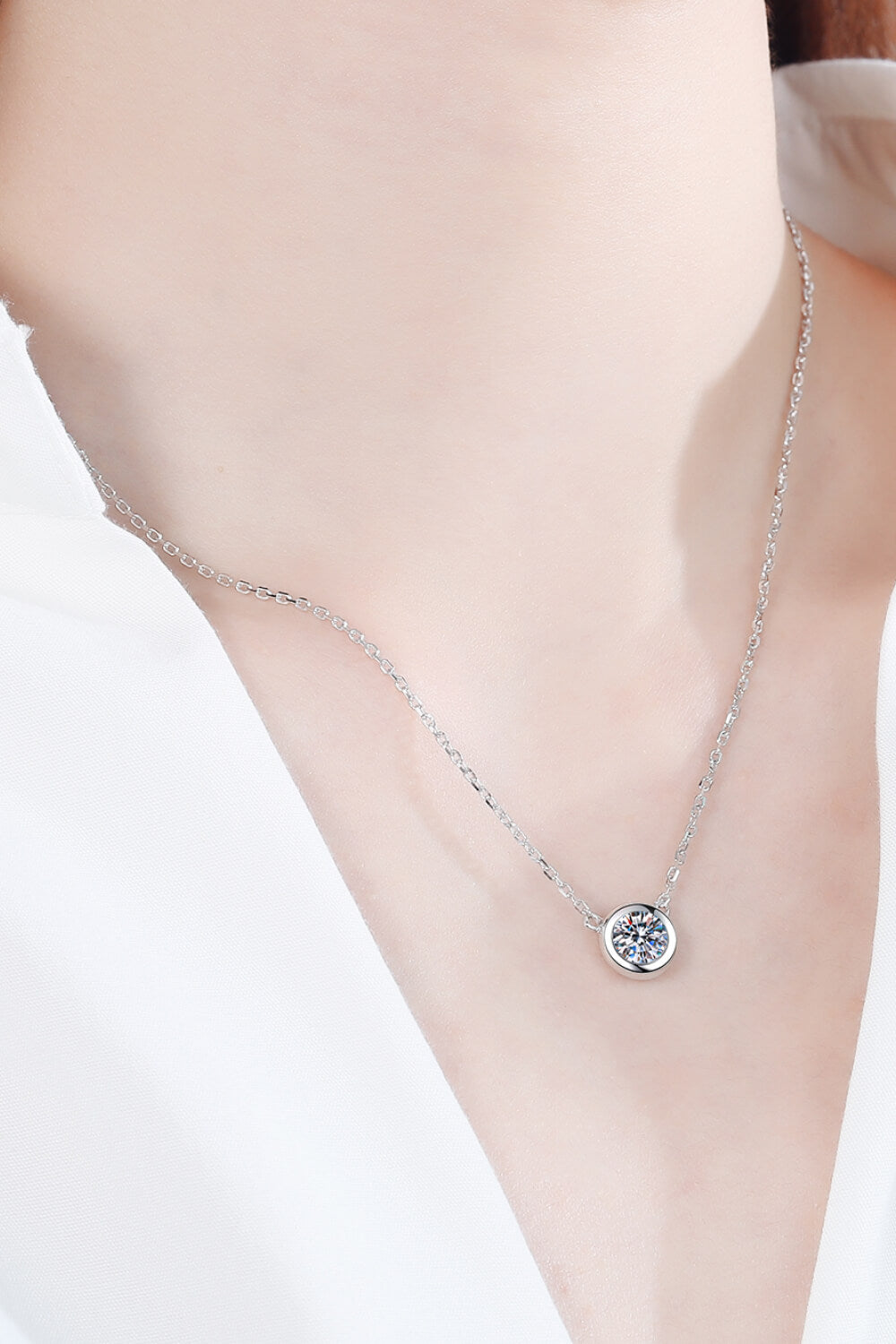 Moissanite & Sterling Silver Round Pendant Chain Necklace