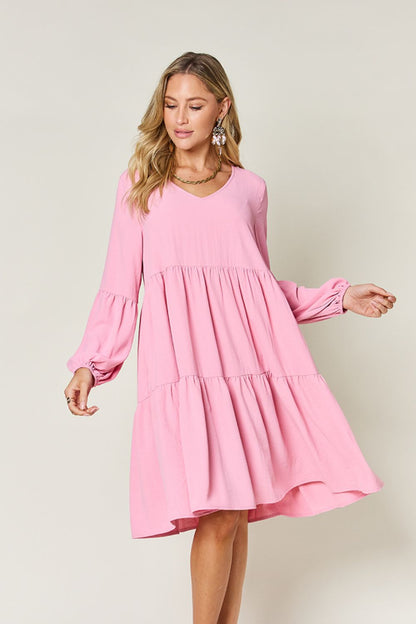 Double Take Full Size V-Neck Balloon Sleeve Tiered Dress