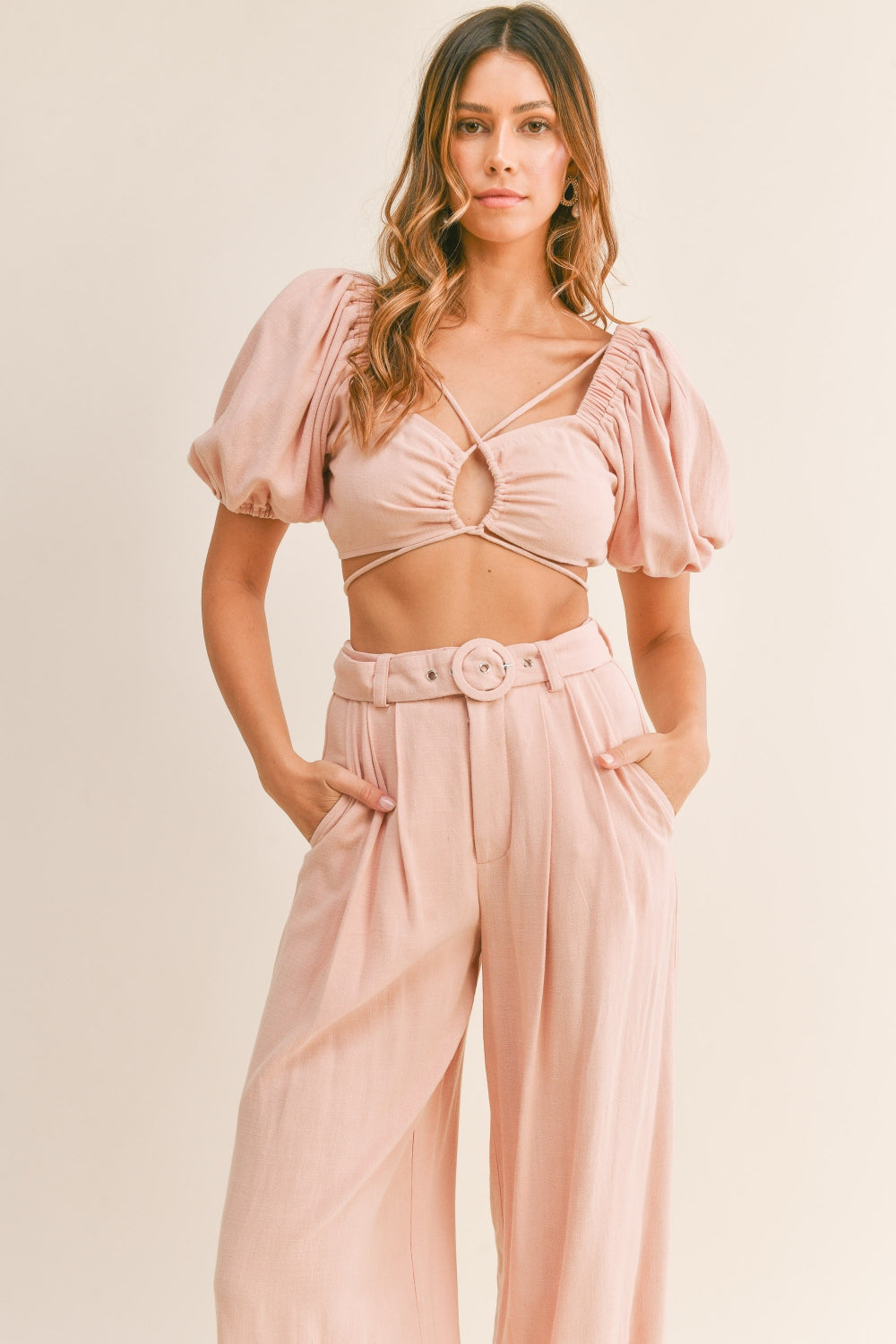 Mable Cut Out Drawstring Crop Top and Belted Pants Set