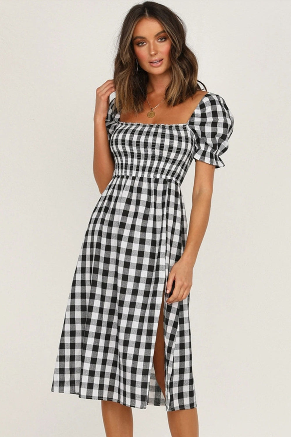 Slit Plaid Short Sleeve Midi Dress