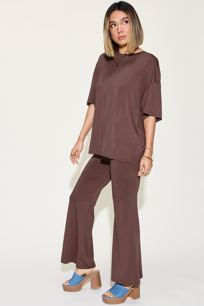 Basic Bae Bamboo Drop Shoulder T-Shirt and Flare Pants Set