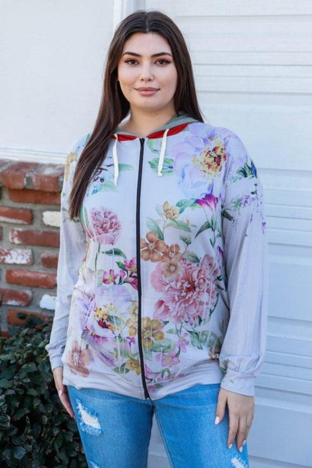 Tasha Apparel Full Size Floral Zip Up Hoodie