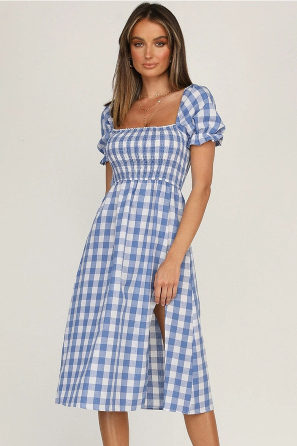 Slit Plaid Short Sleeve Midi Dress