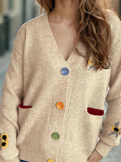 Contrast Button V-Neck Long Sleeve Cardigan