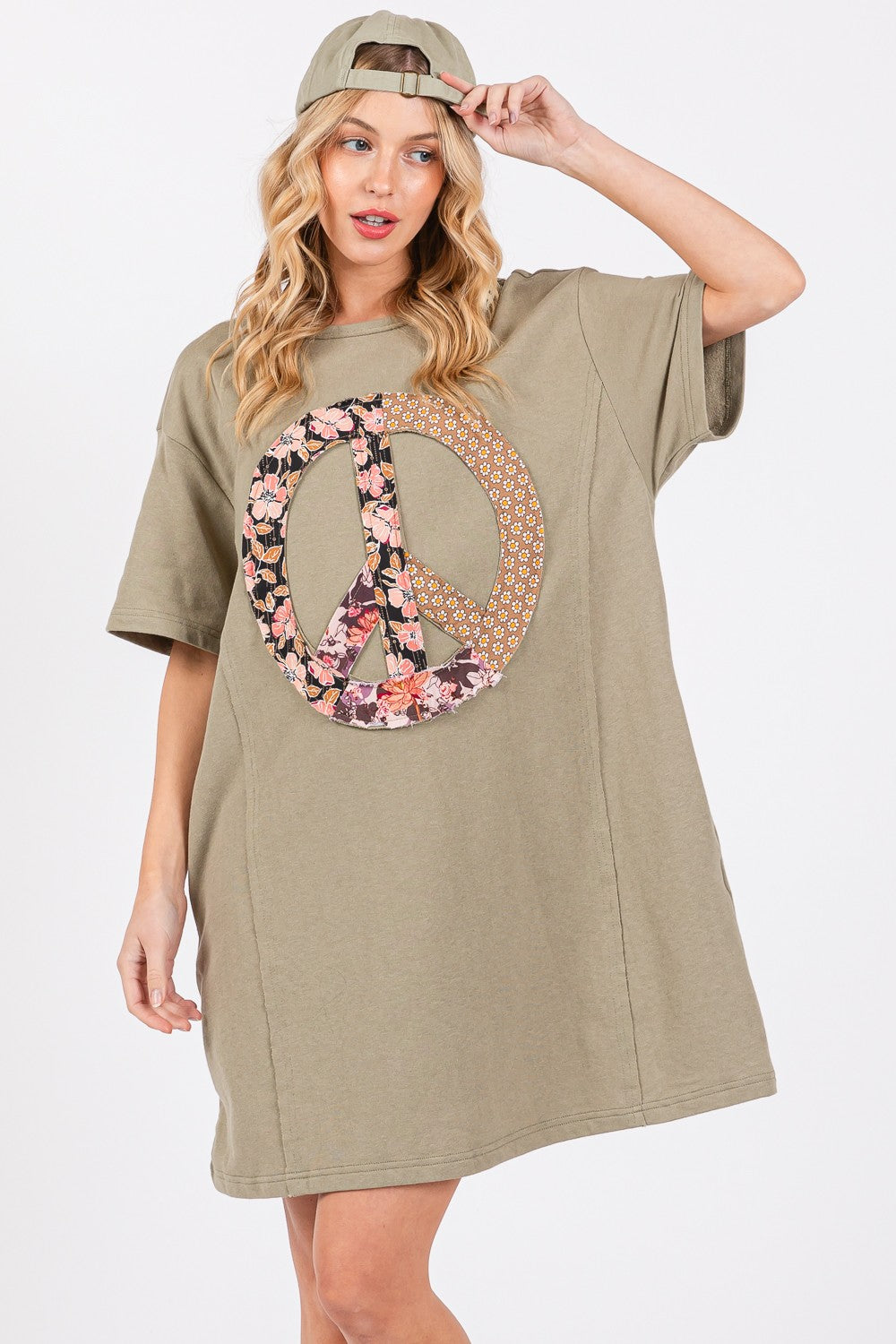 SAGE + FIG Full Size Peace Sign Applique Short Sleeve Tee Dress