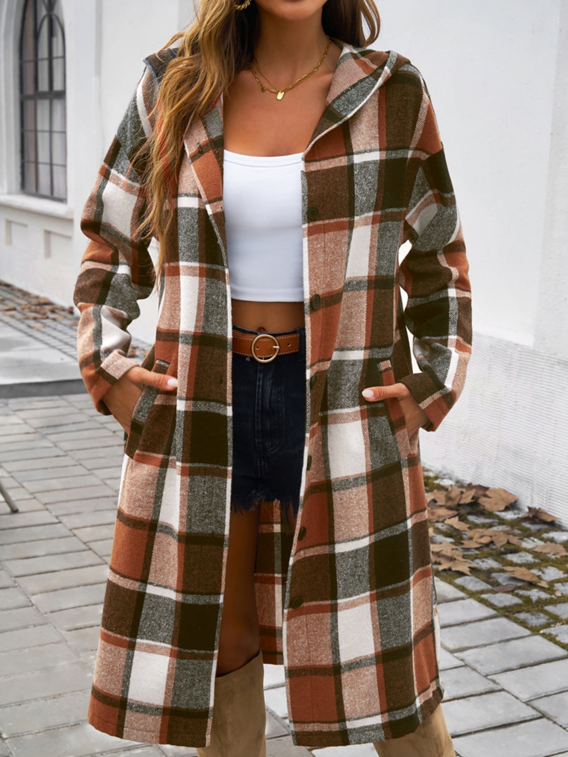 Never Too Late Plaid Long Sleeve Hooded Coat