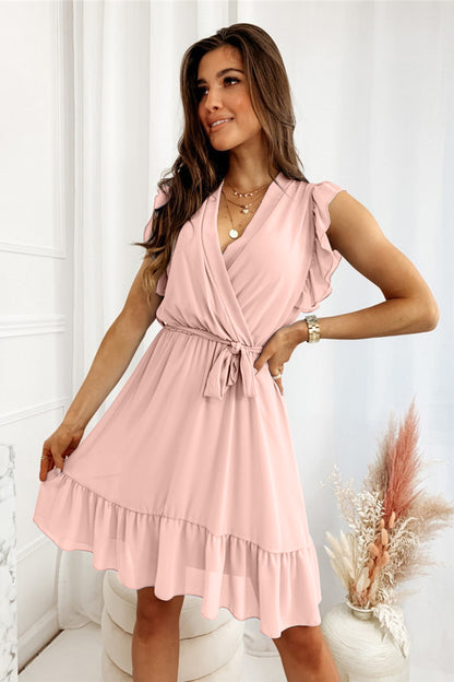 Ruffled Surplice Cap Sleeve Dress