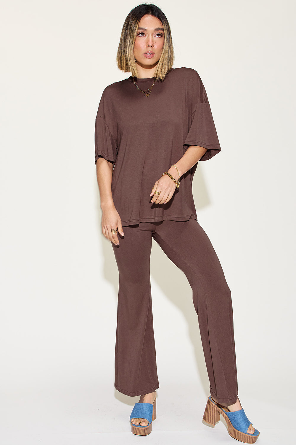 Basic Bae Bamboo Drop Shoulder T-Shirt and Flare Pants Set