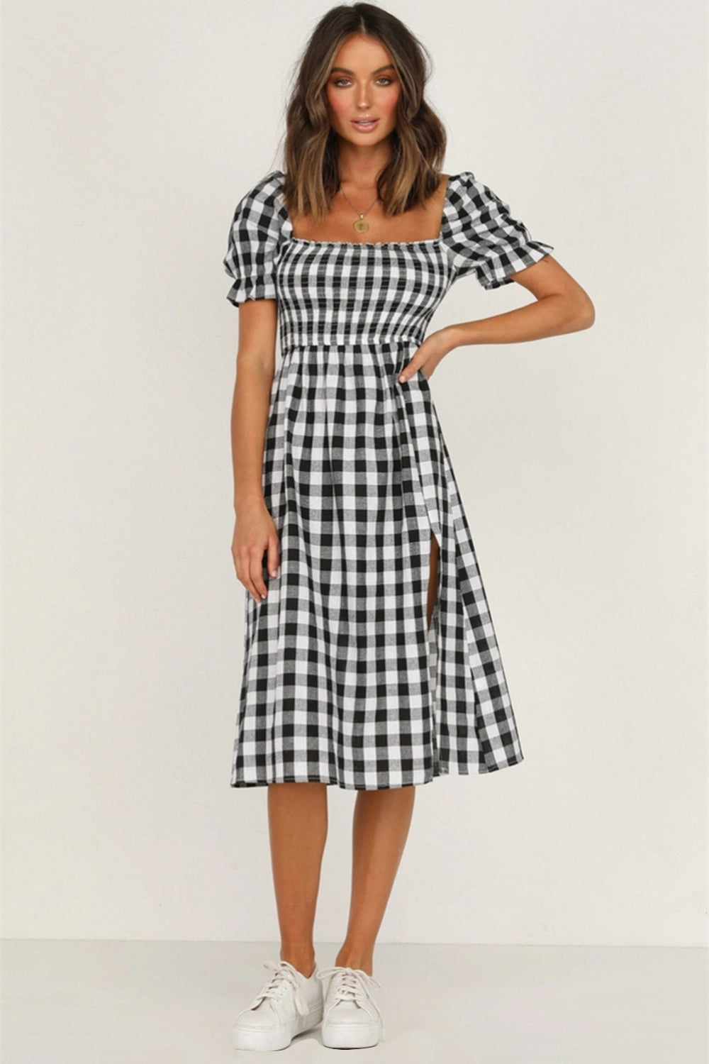 Slit Plaid Short Sleeve Midi Dress