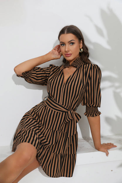 Striped Tie Belt Tiered Dress