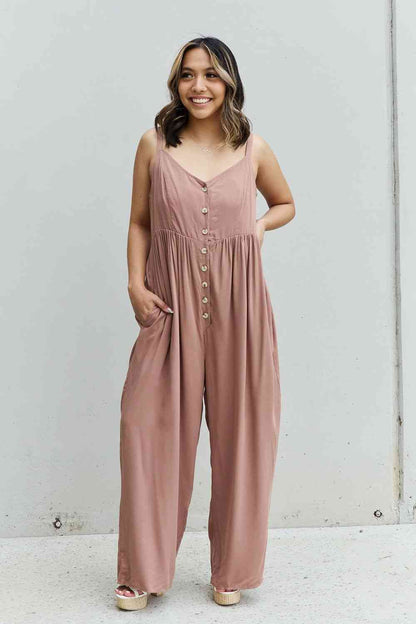 Wide Leg Button Down Jumpsuit in Mocha