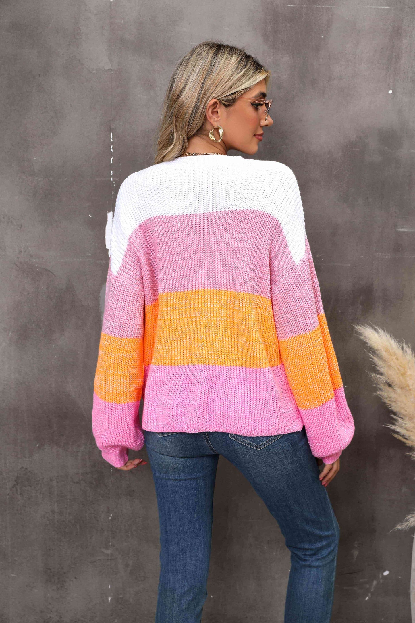 I Love It Color Block Round Neck Dropped Shoulder Sweater