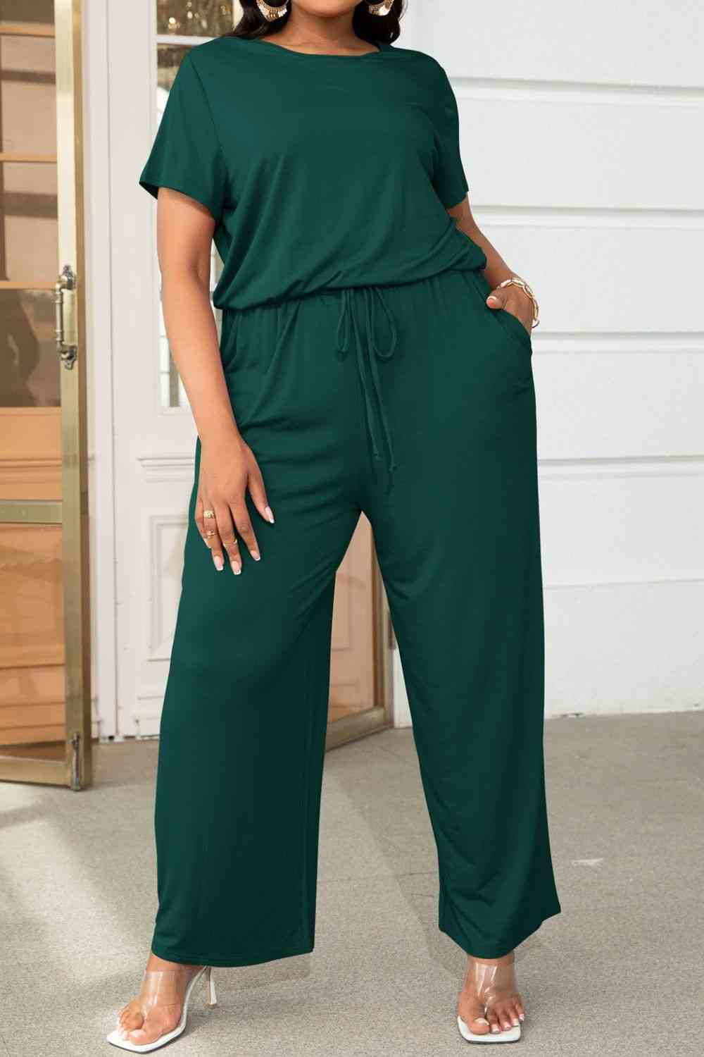 Drawstring Waist Short Sleeve Jumpsuit