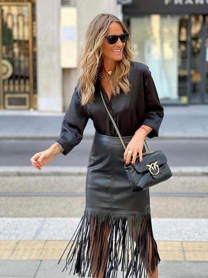 High Waist Fringe Hem Skirt