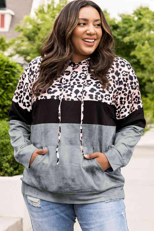 Leopard Print Color Block Hoodie with Kangaroo Pocket