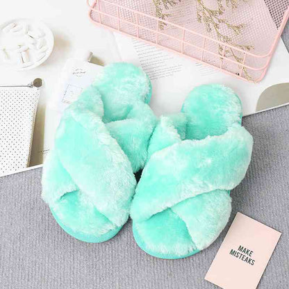 Faux Fur Crisscross Strap Slippers