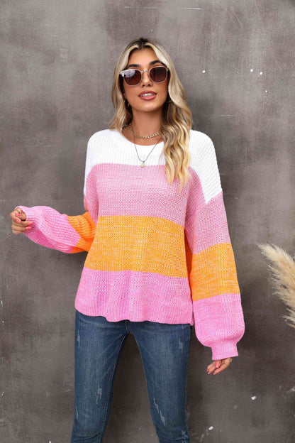 I Love It Color Block Round Neck Dropped Shoulder Sweater