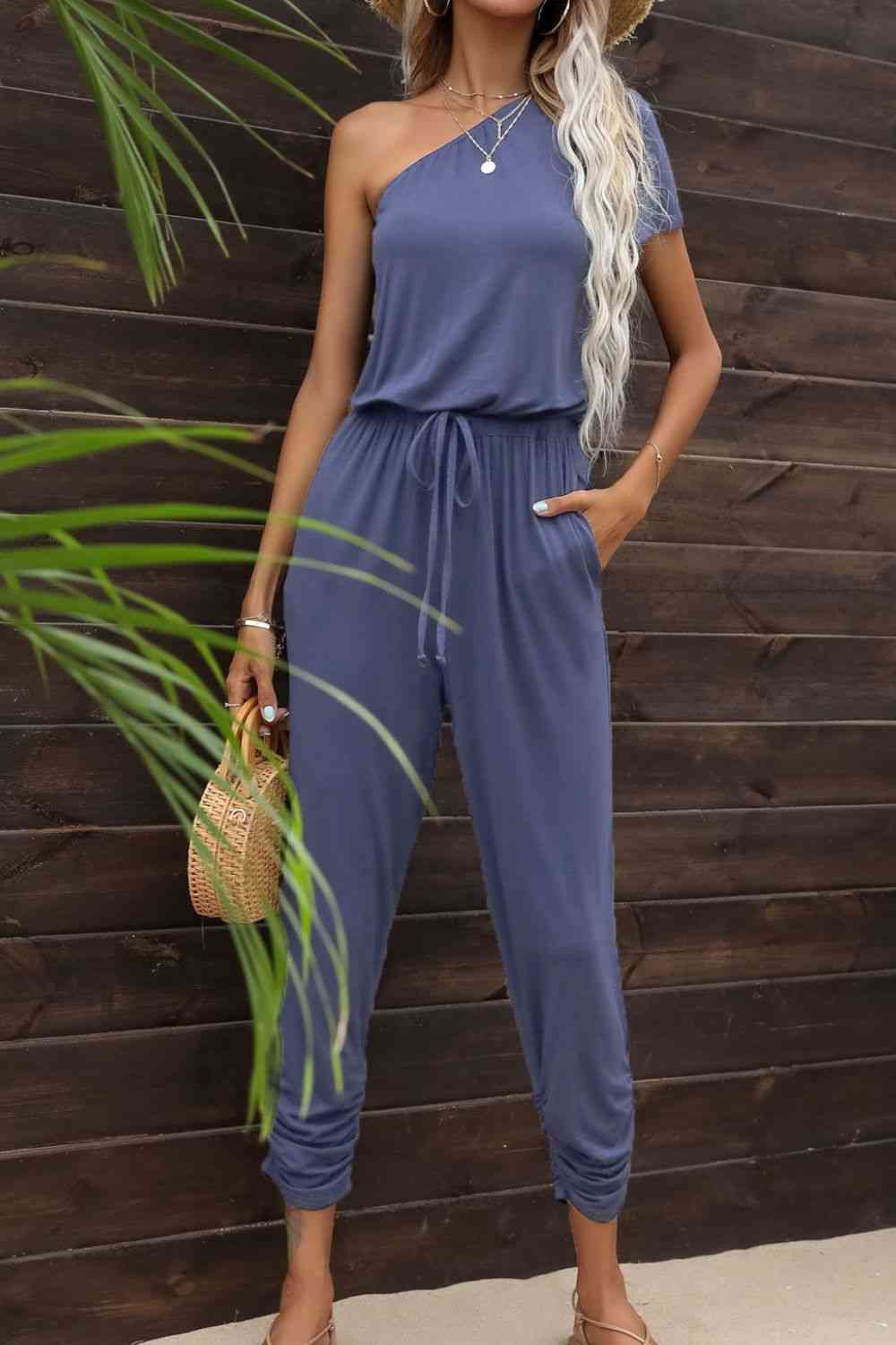 Drawstring Waist One-Shoulder Jumpsuit with Pockets