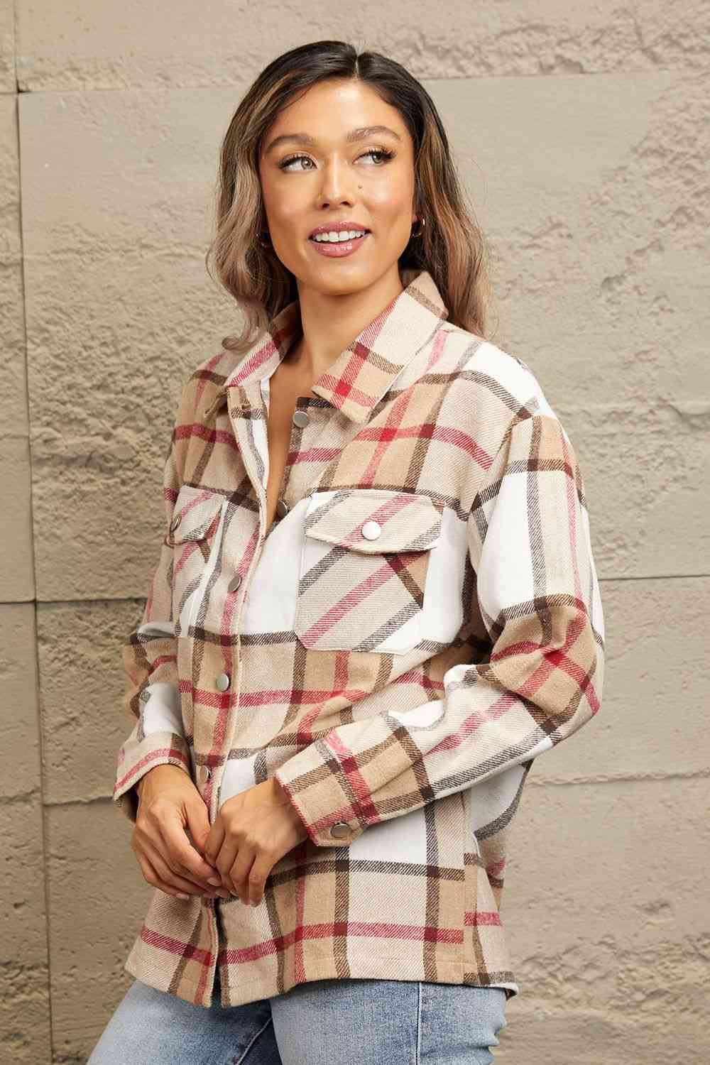 Plaid Button-Up Dropped Shoulder Shirt Jacket