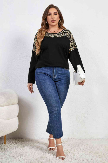 Leopard Trim Round Neck Long Sleeve Tee