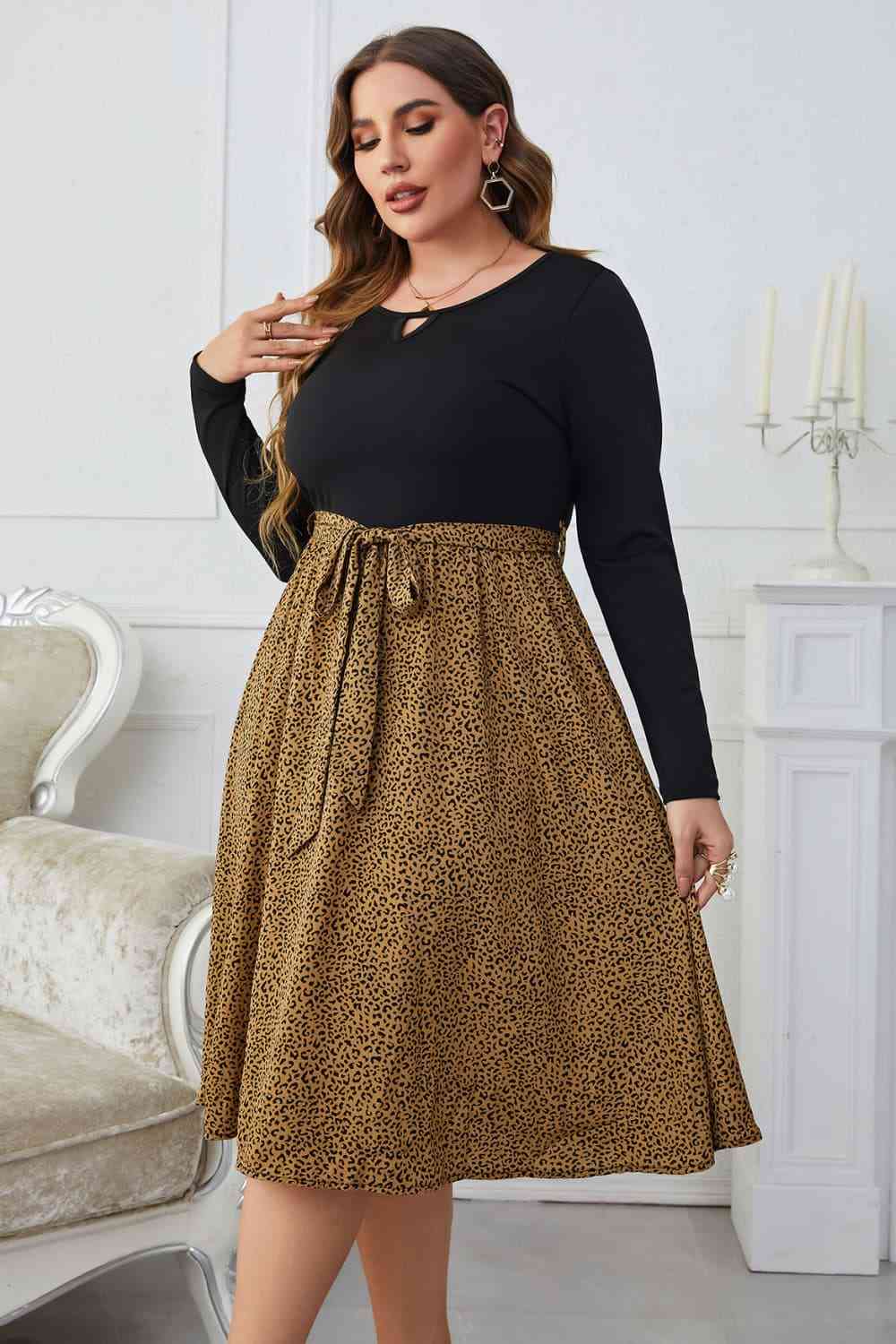 Leopard Long Sleeve Round Neck Dress