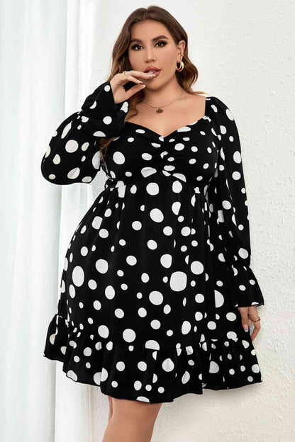 Polka Dot Sweetheart Neck Flounce Sleeve Mini Dress