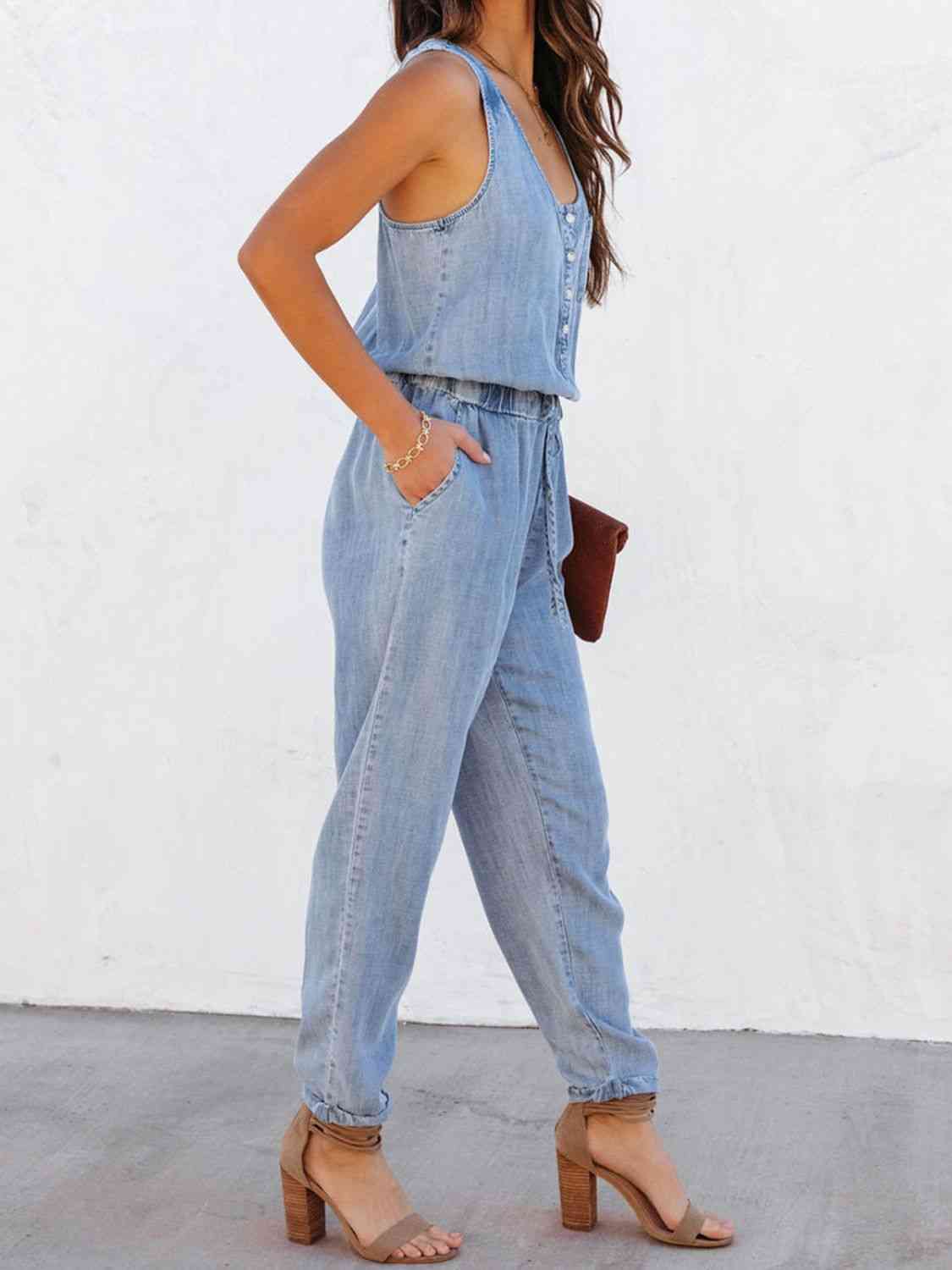 Drawstring Waist Sleeveless Jumpsuit