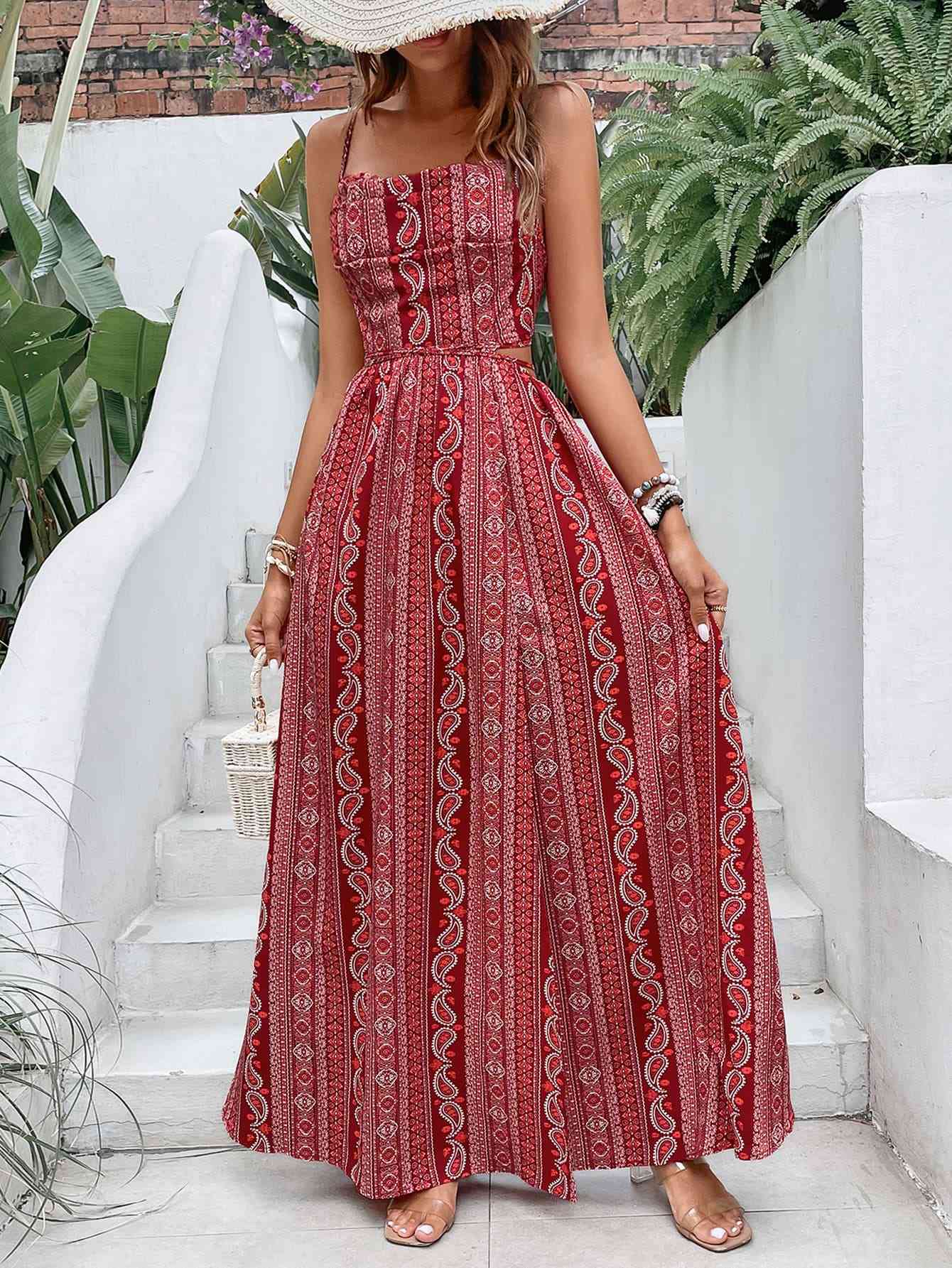 Printed Sweetheart Neck Split Maxi Dress