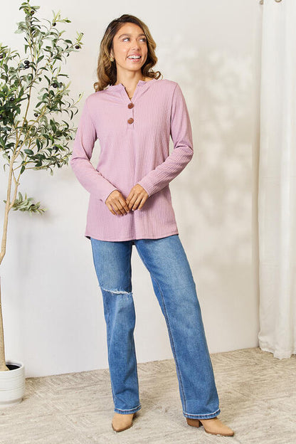 Texture Half Button Long Sleeve Blouse