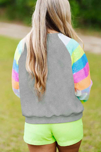 I Told You Sequin Round Neck Color Block  Sleeve Sweatshirt