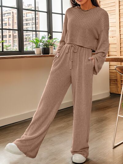 Ribbed Round Neck Top and Drawstring Pants Set