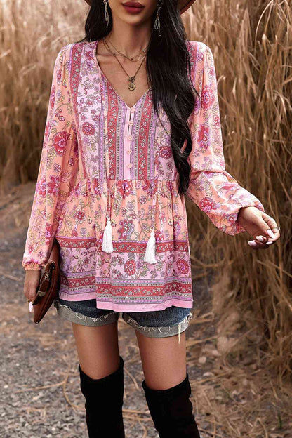 Tassel Tie Long Sleeve Peplum Blouse