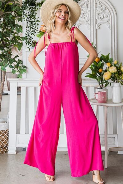 Veveret Pocketed Spaghetti Strap Wide Leg Jumpsuit