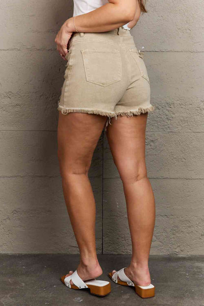 RISEN Katie High Waisted Distressed Shorts in Sand