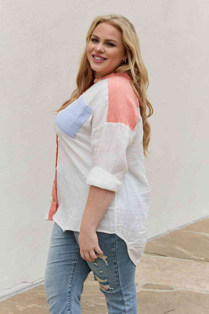 Color Block Woven Button Down Top