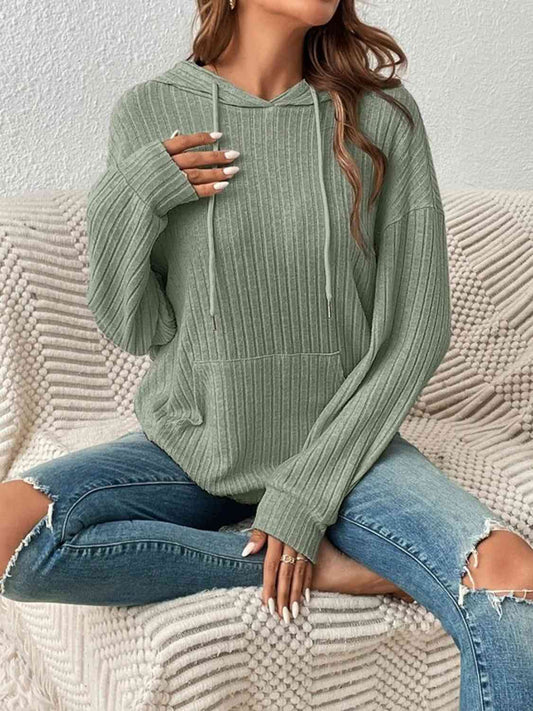 Ribbed Dropped Shoulder Drawstring Hoodie