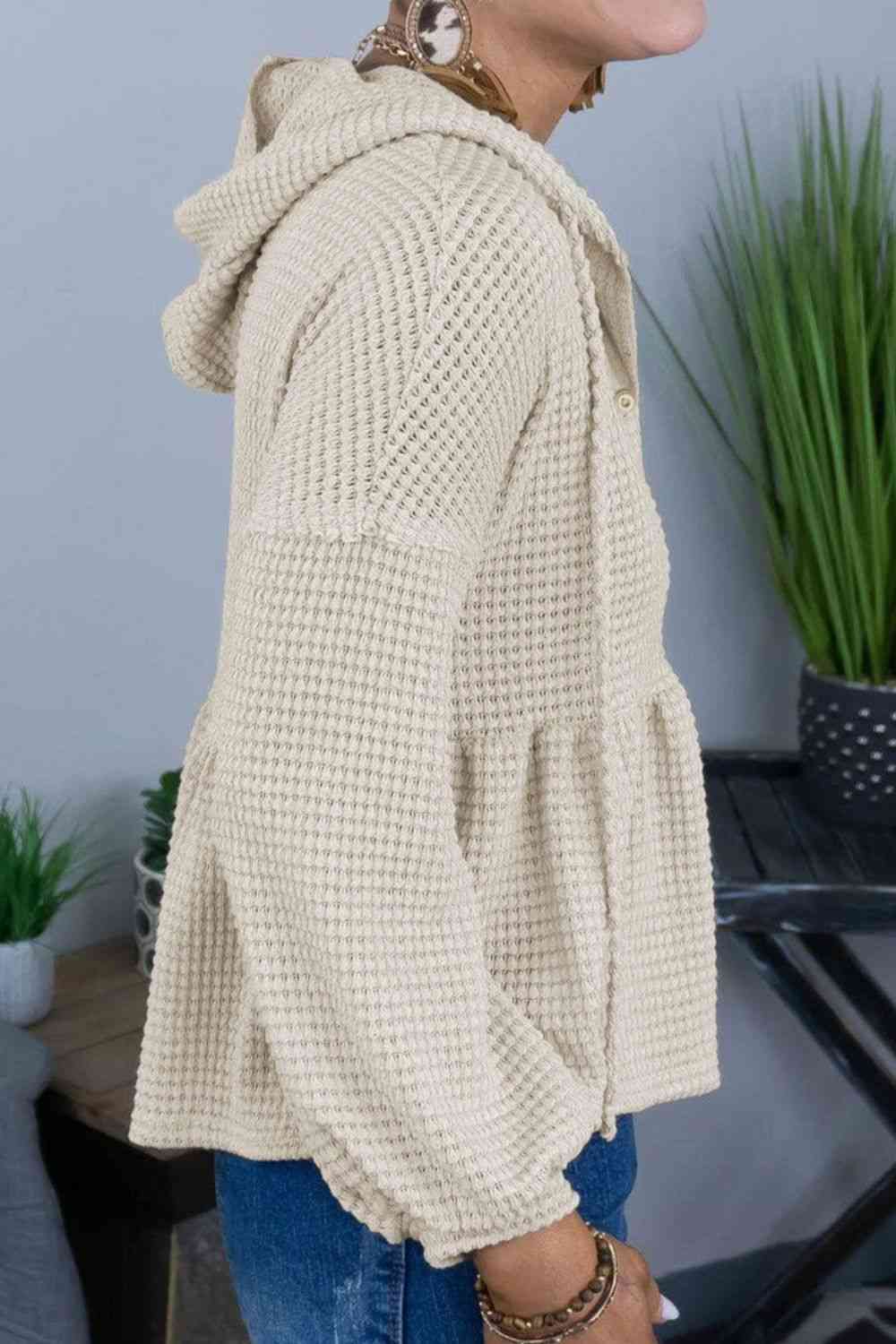 Buttoned Waffle-Knit Dropped Shoulder Hoodie