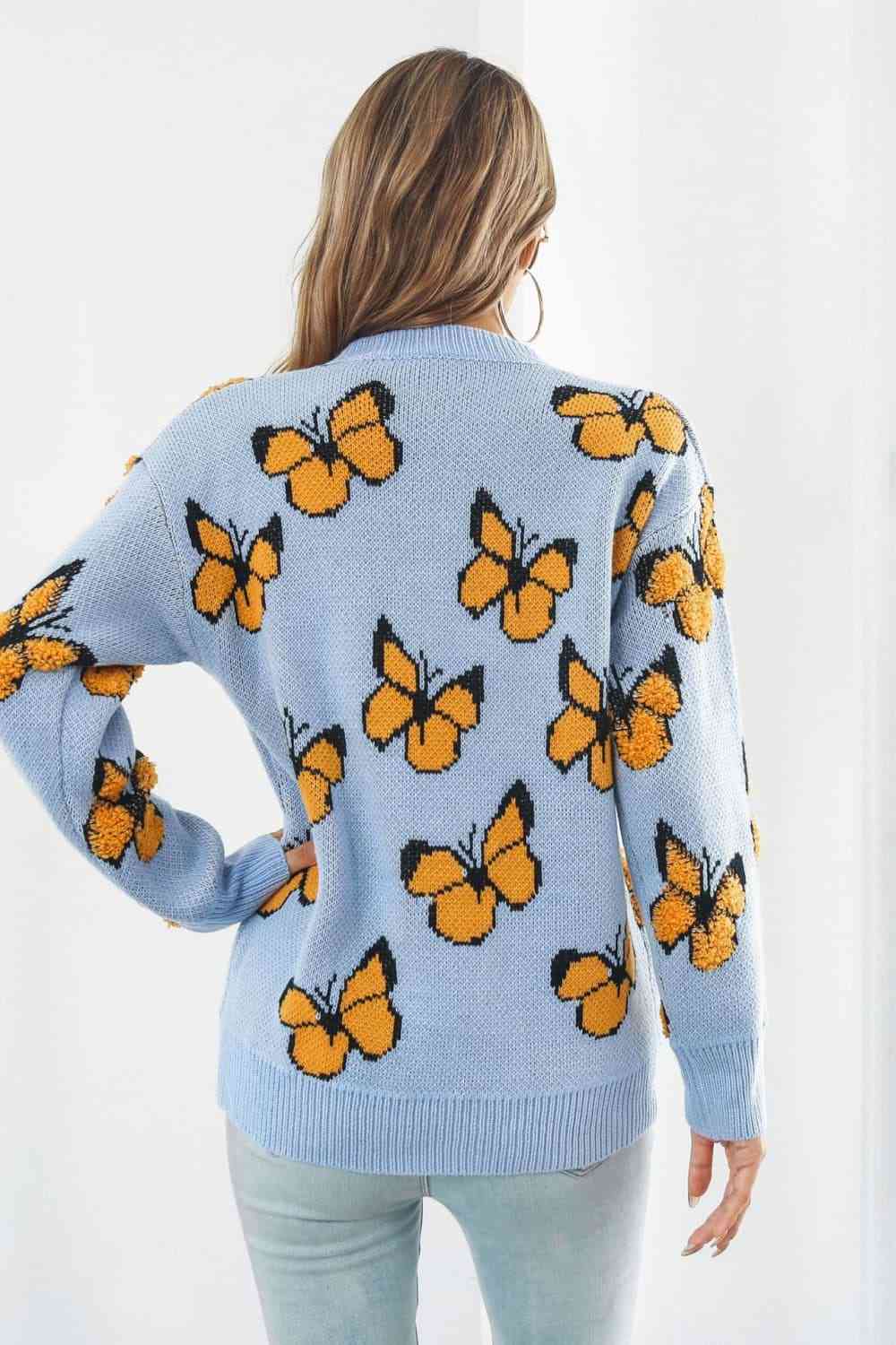 Flutter Butterfly Pattern Round Neck Dropped Shoulder Sweater