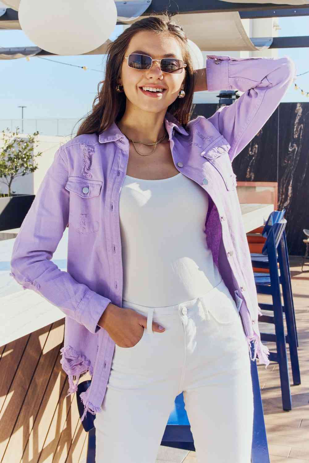 On Or Off Set Distressed Button Down Denim Jacket in Lavender