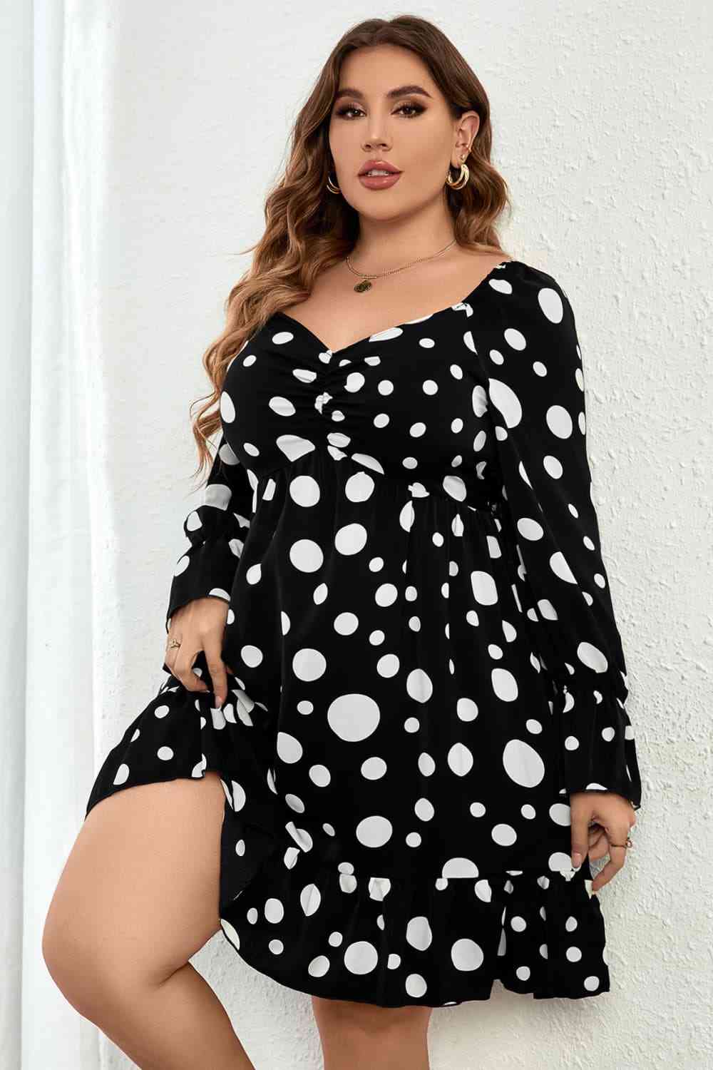 Polka Dot Sweetheart Neck Flounce Sleeve Mini Dress