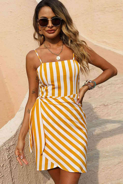 Striped Spaghetti Strap Tied Mini Dress