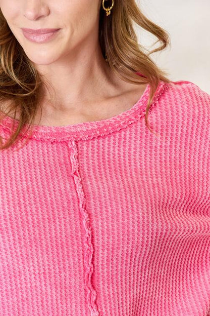 Zenana Washed Waffle-Knit Long Sleeve Top