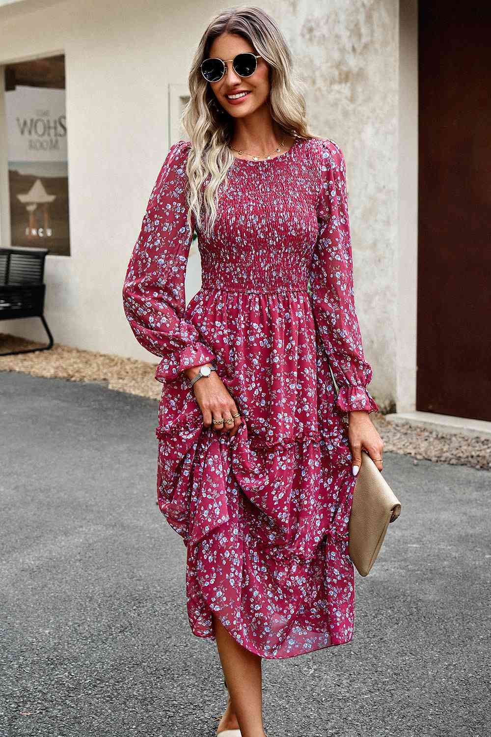 Soaring High Smocked Flounce Sleeve Midi Dress