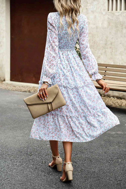 Soaring High Smocked Flounce Sleeve Midi Dress