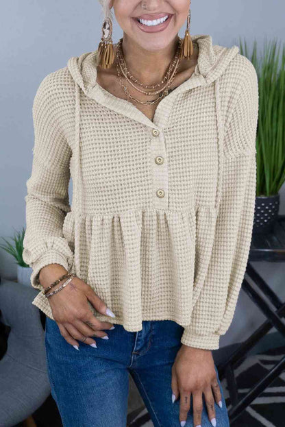 Buttoned Waffle-Knit Dropped Shoulder Hoodie