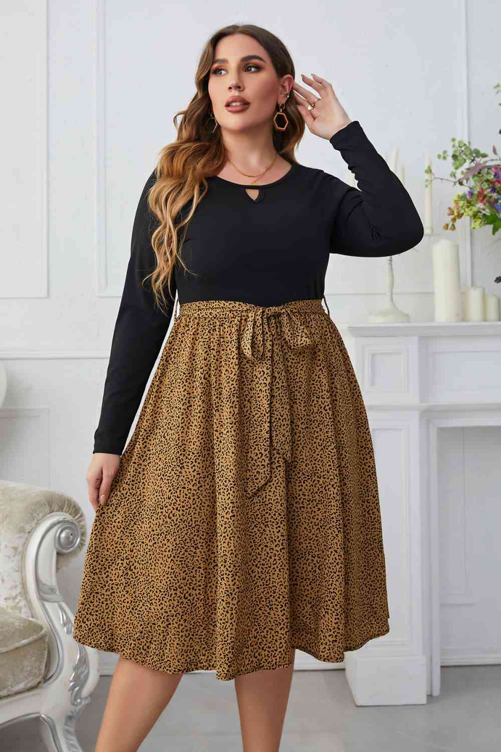 Leopard Long Sleeve Round Neck Dress