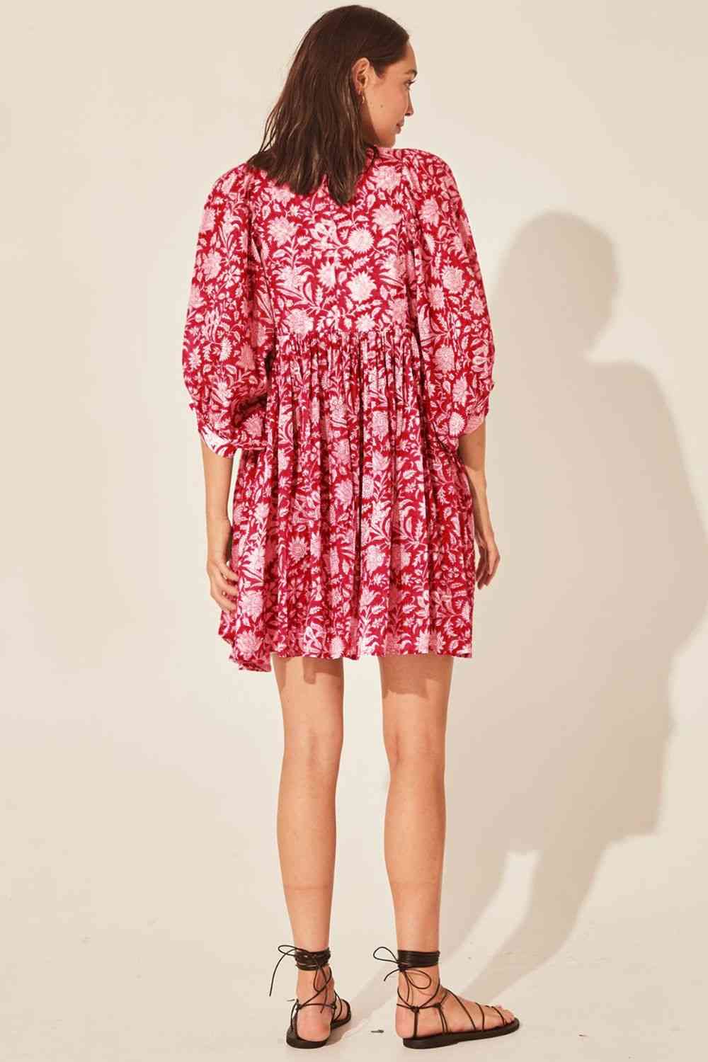 Floral Tie Neck Lantern Sleeve Dress