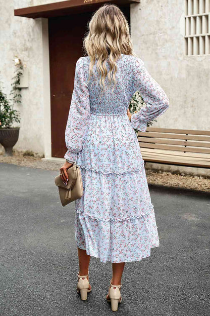 Soaring High Smocked Flounce Sleeve Midi Dress